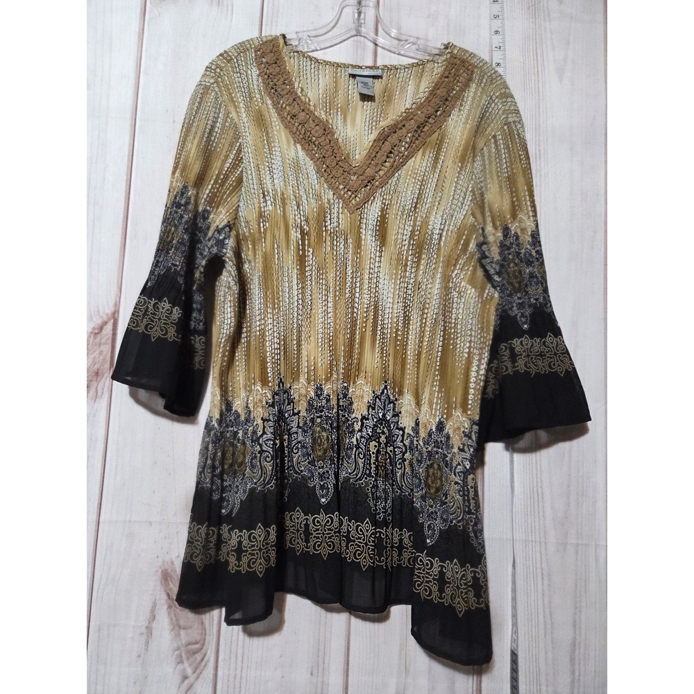 Catherines Women's 2XWP Accordion Pleat Tunic Top‎ Golden Brown Black Paisley